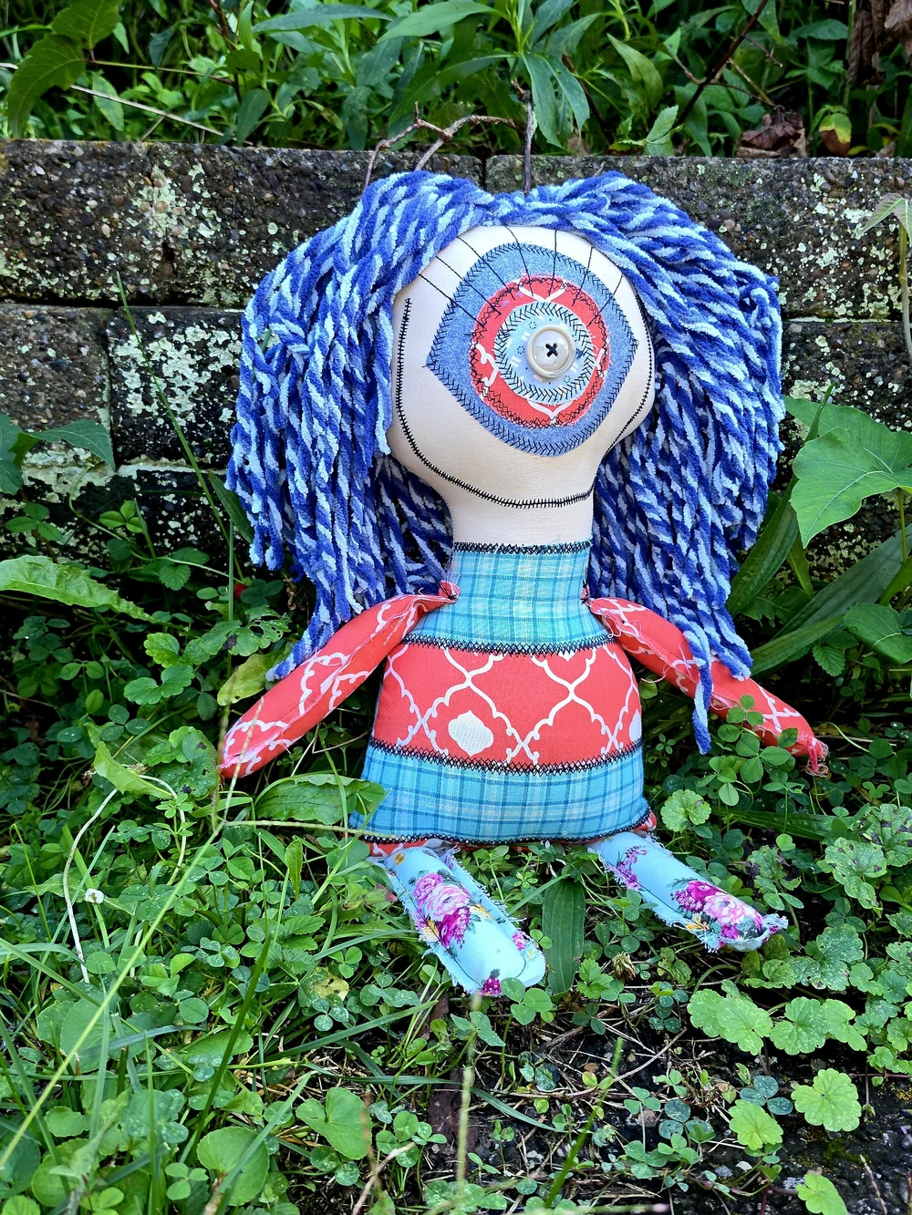 OOAK Handmade Art Doll Moxie Blue | Dumpster Dollies Creepy Cute Rag Doll